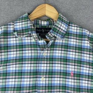 Vintage Ralph Lauren Shirt Mens M Green Pink Plaid Button Down Long Sleeve